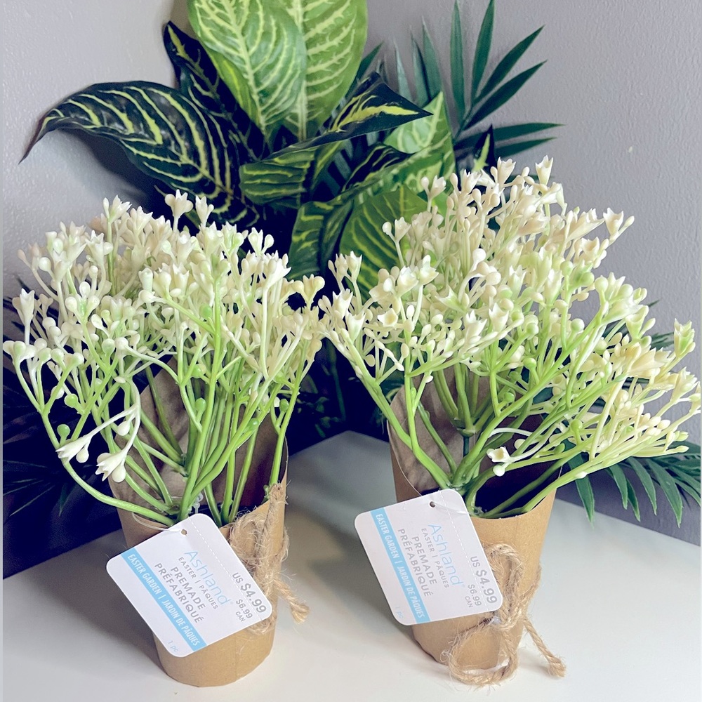 Faux Floral arrangements, Small white flower bouquets with rope bow, Set of 2